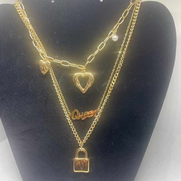 Gold Layered Necklace Set with Heart and Lock Charms - Picture 2 of 2